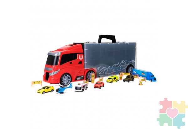 Детская машинка серии "Мой город" (Автовоз - кейс 64 см, красный, с тоннелем. Набор из 4 машинок, 1 автобуса, 1 вертолета, 1 фуры и 12 дорожных знаков)