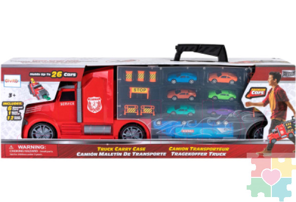 Детская машинка серии "Мой город" (Автовоз - кейс 64 см, красный, с тоннелем. Набор из 6 машинок, 1 фуры и 12 дорожных знаков)