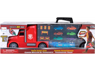 Детская машинка серии "Мой город" (Автовоз - кейс 64 см, красный, с тоннелем. Набор из 6 машинок, 1 фуры и 12 дорожных знаков)