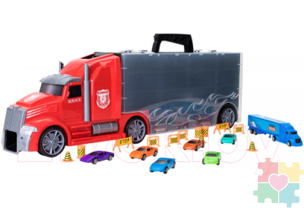 Детская машинка серии "Мой город" (Автовоз - кейс 64 см, красный, с тоннелем. Набор из 6 машинок, 1 фуры и 12 дорожных знаков)