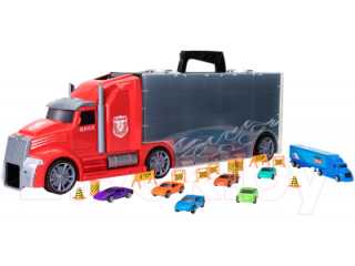 Детская машинка серии "Мой город" (Автовоз - кейс 64 см, красный, с тоннелем. Набор из 6 машинок, 1 фуры и 12 дорожных знаков)