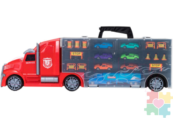 Детская машинка серии "Мой город" (Автовоз - кейс 64 см, красный, с тоннелем. Набор из 6 машинок, 1 фуры и 12 дорожных знаков)