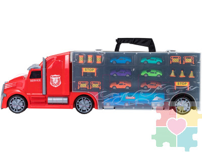 Детская машинка серии "Мой город" (Автовоз - кейс 64 см, красный, с тоннелем. Набор из 6 машинок, 1 фуры и 12 дорожных знаков)