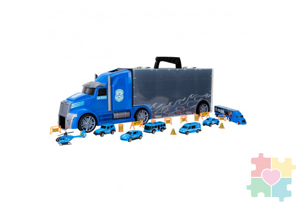 Детская машинка серии "Полицейский участок" (Автовоз - кейс 64 см, синий, с тоннелем. Набор из 4 машинок, 1 автобуса, 1 вертолета, 1 фуры и 12 дорожных знаков)