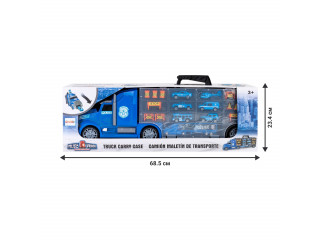 Детская машинка серии "Полицейский участок" (Автовоз - кейс 64 см, синий, с тоннелем. Набор из 4 машинок, 1 автобуса, 1 вертолета, 1 фуры и 12 дорожных знаков)