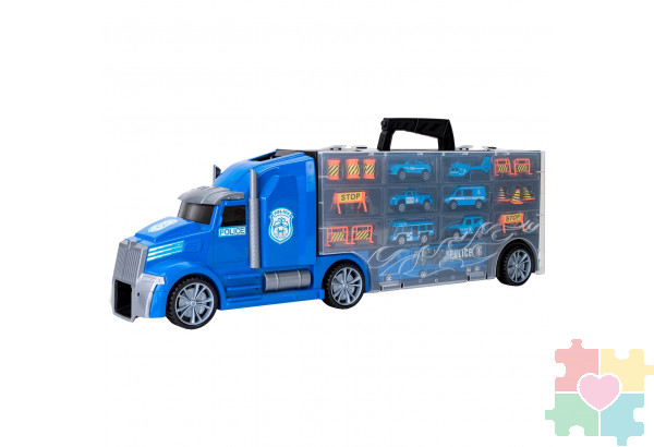 Детская машинка серии "Полицейский участок" (Автовоз - кейс 64 см, синий, с тоннелем. Набор из 4 машинок, 1 автобуса, 1 вертолета, 1 фуры и 12 дорожных знаков)