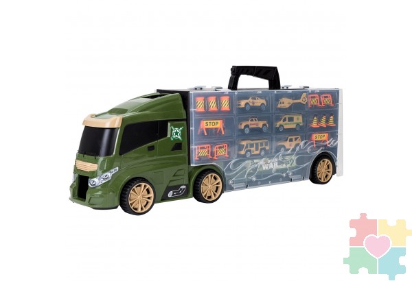 Машина игрушка серии "Милитари" (Автовоз - кейс 59 см, зеленый, с тоннелем. Набор из 4 машинок, 1 автобуса, 1 вертолета, 1 фуры и 12 дорожных знаков)