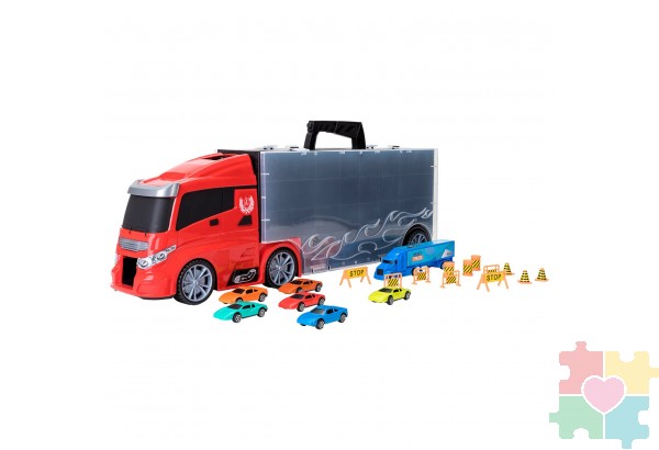 Машина игрушка серии "Мой город" (Автовоз - кейс 59 см, красный, с тоннелем. Набор из 4 машинок, 1 автобуса, 1 вертолета, 1 фуры и 12 дорожных знаков)