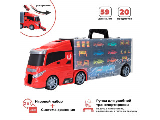 Машина игрушка серии "Мой город" (Автовоз - кейс 59 см, красный, с тоннелем. Набор из 4 машинок, 1 автобуса, 1 вертолета, 1 фуры и 12 дорожных знаков)