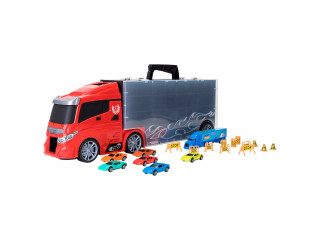 Машина игрушка серии "Мой город" (Автовоз - кейс 59 см, красный, с тоннелем. Набор из 4 машинок, 1 автобуса, 1 вертолета, 1 фуры и 12 дорожных знаков)