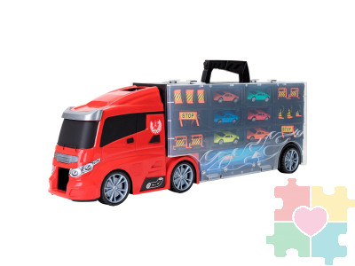 Машина игрушка серии "Мой город" (Автовоз - кейс 59 см, красный, с тоннелем. Набор из 4 машинок, 1 автобуса, 1 вертолета, 1 фуры и 12 дорожных знаков)