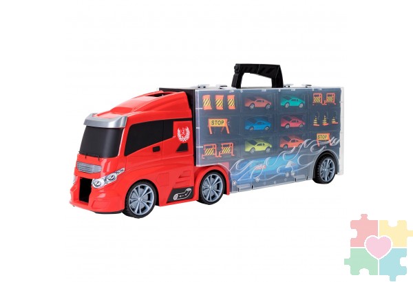 Машина игрушка серии "Мой город" (Автовоз - кейс 59 см, красный, с тоннелем. Набор из 4 машинок, 1 автобуса, 1 вертолета, 1 фуры и 12 дорожных знаков)
