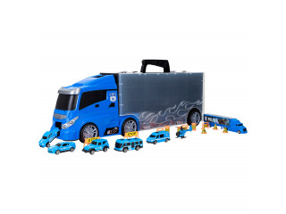 Машина игрушка серии "Полицейский участок" (Автовоз - кейс 59 см, синий, с тоннелем. Набор из 4 машинок, 1 автобуса, 1 вертолета, 1 фуры и 12 дорожных знаков)