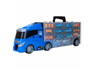 Машина игрушка серии "Полицейский участок" (Автовоз - кейс 59 см, синий, с тоннелем. Набор из 4 машинок, 1 автобуса, 1 вертолета, 1 фуры и 12 дорожных знаков)