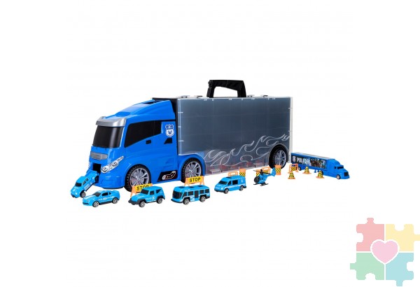 Машина игрушка серии "Полицейский участок" (Автовоз - кейс 59 см, синий, с тоннелем. Набор из 4 машинок, 1 автобуса, 1 вертолета, 1 фуры и 12 дорожных знаков)
