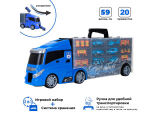 Машина игрушка серии "Полицейский участок" (Автовоз - кейс 59 см, синий, с тоннелем. Набор из 4 машинок, 1 автобуса, 1 вертолета, 1 фуры и 12 дорожных знаков)