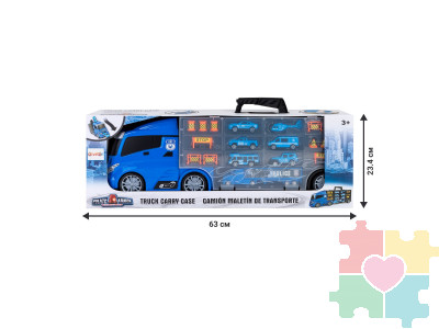 Машина игрушка серии "Полицейский участок" (Автовоз - кейс 59 см, синий, с тоннелем. Набор из 4 машинок, 1 автобуса, 1 вертолета, 1 фуры и 12 дорожных знаков)