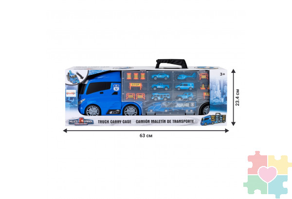 Машина игрушка серии "Полицейский участок" (Автовоз - кейс 59 см, синий, с тоннелем. Набор из 4 машинок, 1 автобуса, 1 вертолета, 1 фуры и 12 дорожных знаков)