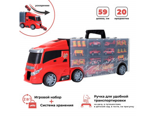 Машина игрушка серии "Служба спасения" (Автовоз - кейс 59 см, красный, с тоннелем. Набор из 4 машинок, 1 автобуса, 1 вертолета, 1 фуры и 12 дорожных знаков)