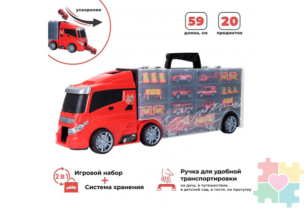 Машина игрушка серии "Служба спасения" (Автовоз - кейс 59 см, красный, с тоннелем. Набор из 4 машинок, 1 автобуса, 1 вертолета, 1 фуры и 12 дорожных знаков)