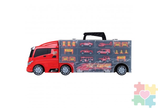 Машина игрушка серии "Служба спасения" (Автовоз - кейс 59 см, красный, с тоннелем. Набор из 4 машинок, 1 автобуса, 1 вертолета, 1 фуры и 12 дорожных знаков)