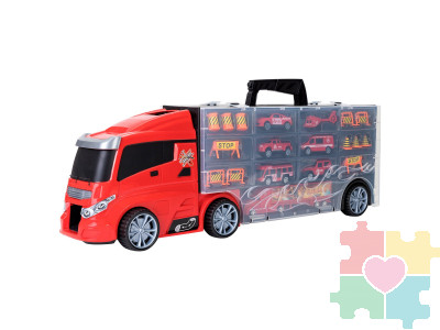 Машина игрушка серии "Служба спасения" (Автовоз - кейс 59 см, красный, с тоннелем. Набор из 4 машинок, 1 автобуса, 1 вертолета, 1 фуры и 12 дорожных знаков)