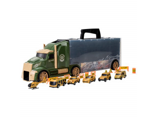 Набор машинок серии "Милитари" (Автовоз - кейс 54 см, зеленый, с тоннелем. 4 машинки, 1 автобус, 1 вертолет и 10 дорожных знаков)