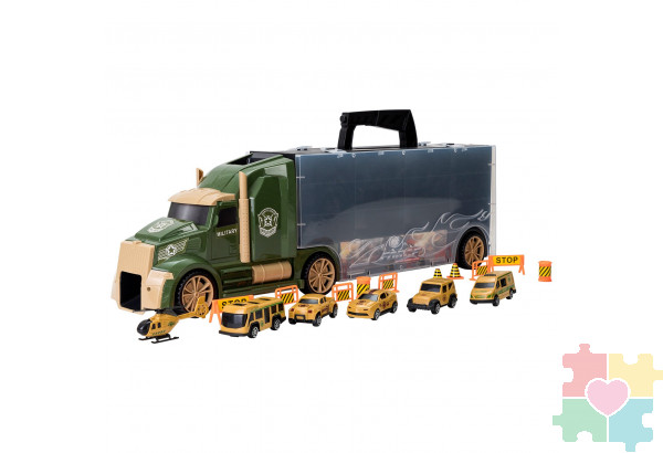 Набор машинок серии "Милитари" (Автовоз - кейс 54 см, зеленый, с тоннелем. 4 машинки, 1 автобус, 1 вертолет и 10 дорожных знаков)