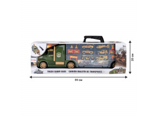 Набор машинок серии "Милитари" (Автовоз - кейс 54 см, зеленый, с тоннелем. 4 машинки, 1 автобус, 1 вертолет и 10 дорожных знаков)