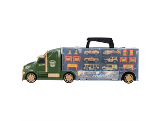 Набор машинок серии "Милитари" (Автовоз - кейс 54 см, зеленый, с тоннелем. 4 машинки, 1 автобус, 1 вертолет и 10 дорожных знаков)