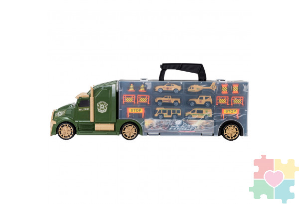 Набор машинок серии "Милитари" (Автовоз - кейс 54 см, зеленый, с тоннелем. 4 машинки, 1 автобус, 1 вертолет и 10 дорожных знаков)