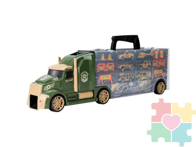 Набор машинок серии "Милитари" (Автовоз - кейс 54 см, зеленый, с тоннелем. 4 машинки, 1 автобус, 1 вертолет и 10 дорожных знаков)