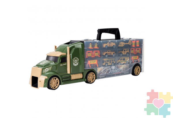 Набор машинок серии "Милитари" (Автовоз - кейс 54 см, зеленый, с тоннелем. 4 машинки, 1 автобус, 1 вертолет и 10 дорожных знаков)