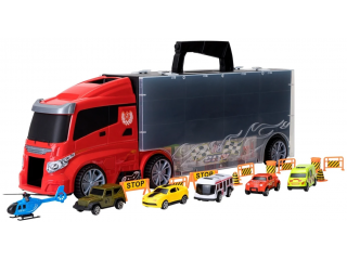 Набор машинок серии "Мой город" (Автовоз - кейс 51,5 см, красный, с тоннелем. 4 машинки, 1 автобус, 1 вертолет и 10 дорожных знаков)