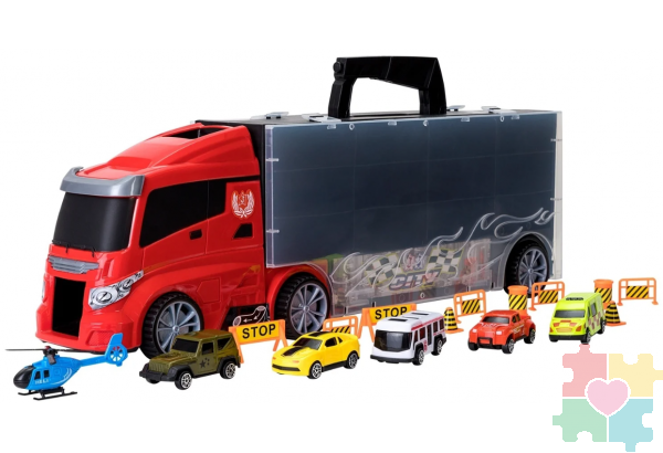 Набор машинок серии "Мой город" (Автовоз - кейс 51,5 см, красный, с тоннелем. 4 машинки, 1 автобус, 1 вертолет и 10 дорожных знаков)