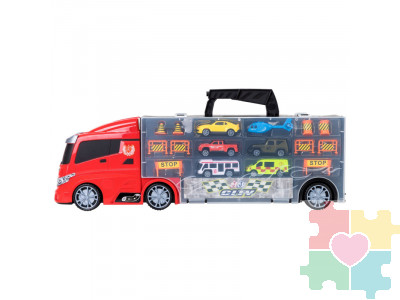 Набор машинок серии "Мой город" (Автовоз - кейс 51,5 см, красный, с тоннелем. 4 машинки, 1 автобус, 1 вертолет и 10 дорожных знаков)