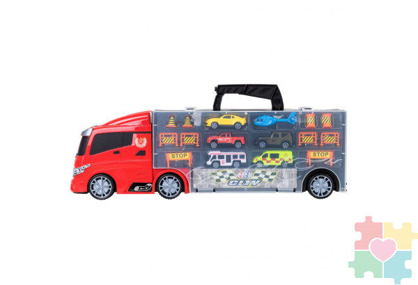 Набор машинок серии "Мой город" (Автовоз - кейс 51,5 см, красный, с тоннелем. 4 машинки, 1 автобус, 1 вертолет и 10 дорожных знаков)