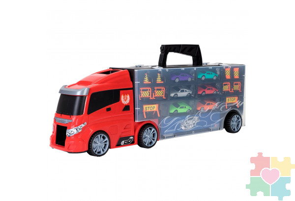 Набор машинок серии "Мой город" (Автовоз - кейс 51,5 см, красный, с тоннелем. 6 машинок и 10 дорожных знаков)