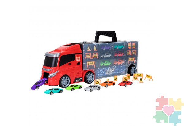 Набор машинок серии "Мой город" (Автовоз - кейс 51,5 см, красный, с тоннелем. 6 машинок и 10 дорожных знаков)