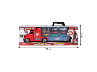 Набор машинок серии "Мой город" (Автовоз - кейс 54 см, красный, с тоннелем.6 машинок и 10 дорожных знаков)