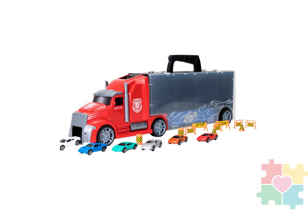 Набор машинок серии "Мой город" (Автовоз - кейс 54 см, красный, с тоннелем.6 машинок и 10 дорожных знаков)