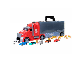 Набор машинок серии "Мой город" (Автовоз - кейс 54 см, красный, с тоннелем.6 машинок и 10 дорожных знаков)