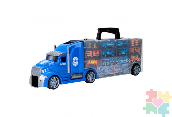 Набор машинок серии "Полицейский участок" (Автовоз - кейс 51,5 см, синий, с тоннелем. 4 машинки, 1 автобус, 1 вертолет и 10 дорожных знаков)