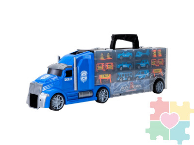 Набор машинок серии "Полицейский участок" (Автовоз - кейс 51,5 см, синий, с тоннелем. 4 машинки, 1 автобус, 1 вертолет и 10 дорожных знаков)