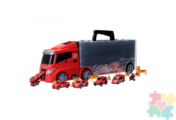 Набор машинок серии "Служба спасения" (Автовоз - кейс 51,5 см, красный, с тоннелем. 4 машинки, 1 автобус, 1 вертолет и 10 дорожных знаков)