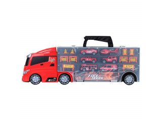 Набор машинок серии "Служба спасения" (Автовоз - кейс 51,5 см, красный, с тоннелем. 4 машинки, 1 автобус, 1 вертолет и 10 дорожных знаков)