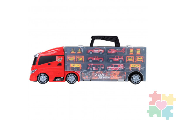 Набор машинок серии "Служба спасения" (Автовоз - кейс 51,5 см, красный, с тоннелем. 4 машинки, 1 автобус, 1 вертолет и 10 дорожных знаков)