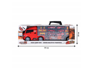 Набор машинок серии "Служба спасения" (Автовоз - кейс 51,5 см, красный, с тоннелем. 4 машинки, 1 автобус, 1 вертолет и 10 дорожных знаков)