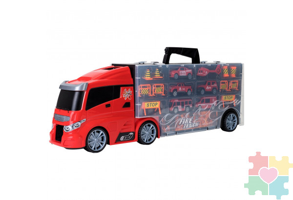 Набор машинок серии "Служба спасения" (Автовоз - кейс 51,5 см, красный, с тоннелем. 4 машинки, 1 автобус, 1 вертолет и 10 дорожных знаков)
