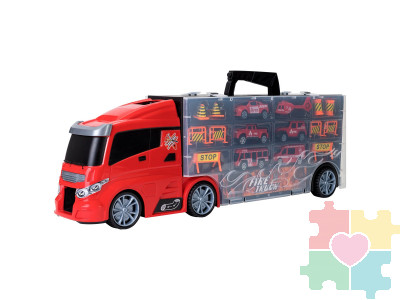 Набор машинок серии "Служба спасения" (Автовоз - кейс 51,5 см, красный, с тоннелем. 4 машинки, 1 автобус, 1 вертолет и 10 дорожных знаков)